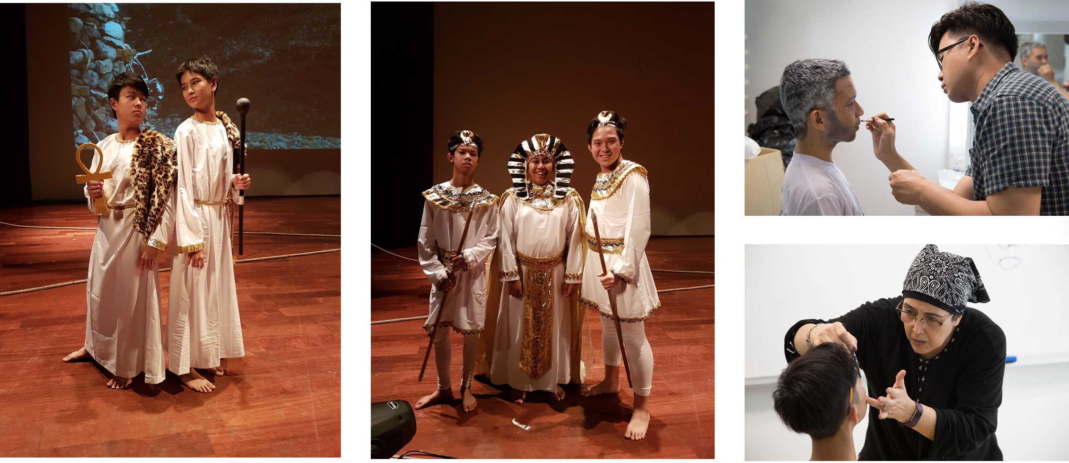 Five performers in ancient Egyptian costumes on stage, plus two behind-the-scenes makeup and hair preparation shots.
